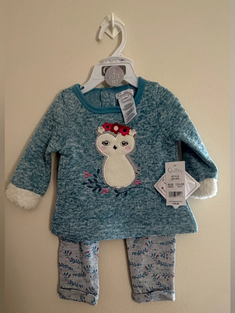 Quiltex Teal Owl Knit Top and Floral Print Leggings Pajama Set